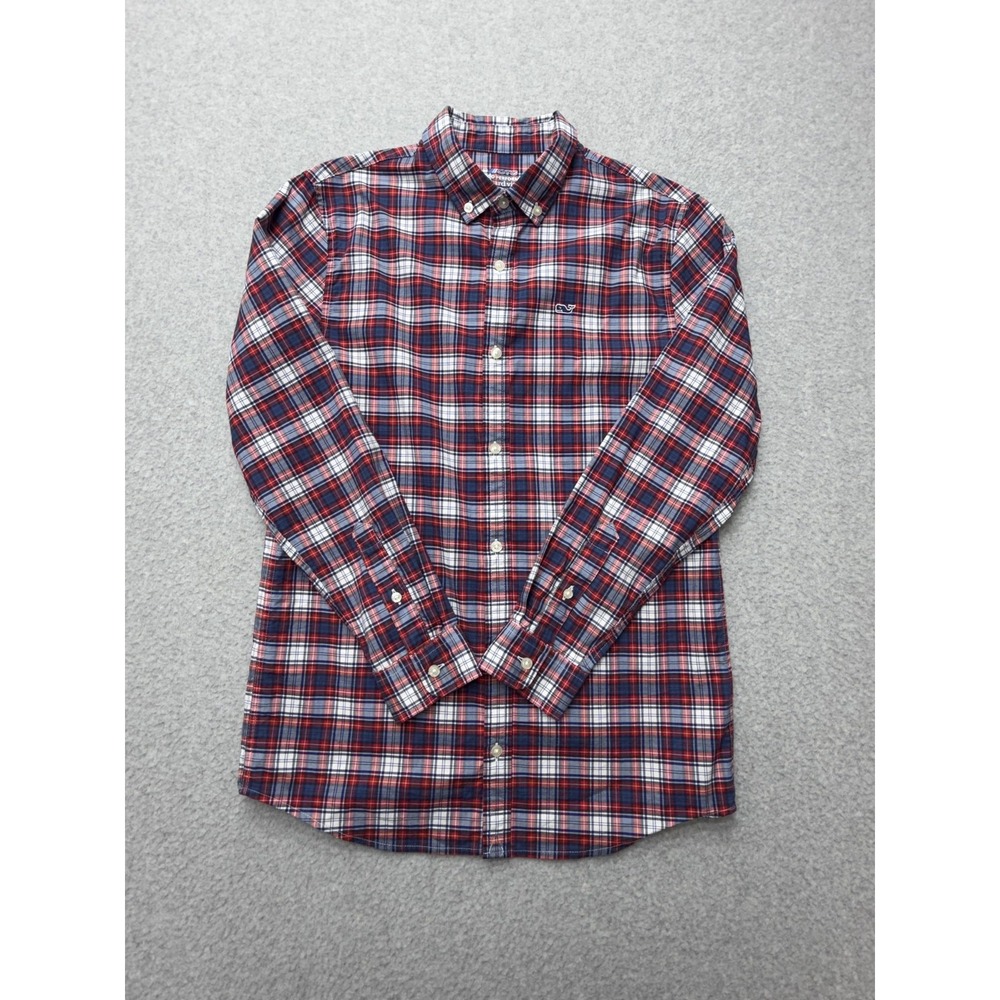 Vineyard Vines Shirt Youth Medium Red Blue Plaid OTG On The Go Performance